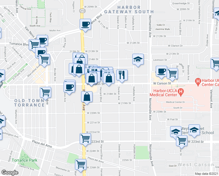 map of restaurants, bars, coffee shops, grocery stores, and more near 1532 West Carson Street in Torrance