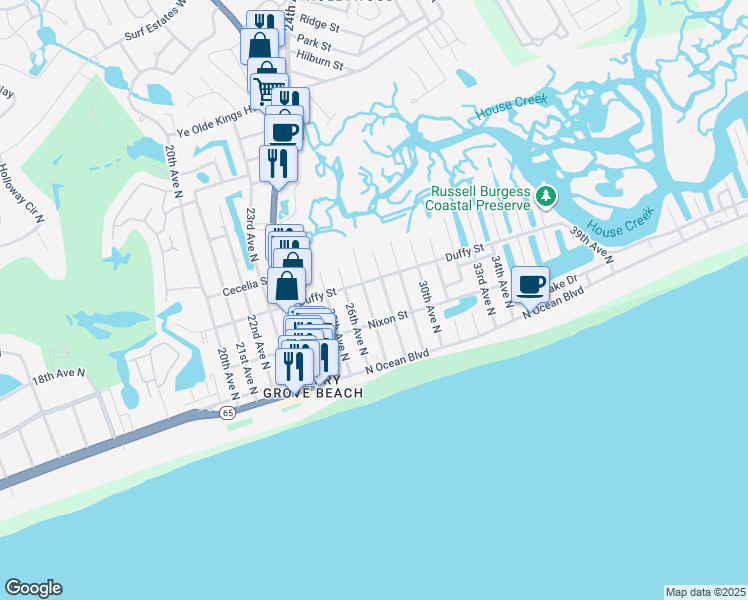 map of restaurants, bars, coffee shops, grocery stores, and more near 310 27th Avenue North in North Myrtle Beach