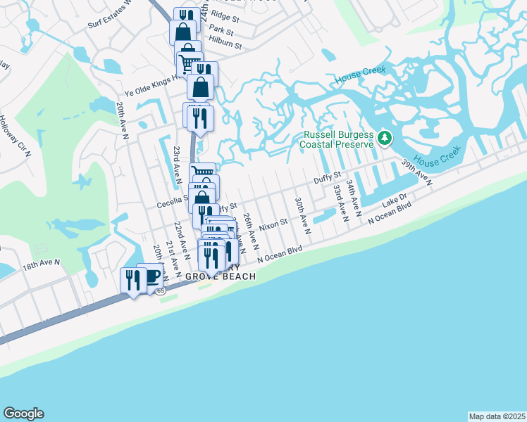map of restaurants, bars, coffee shops, grocery stores, and more near 310 27th Ave N in North Myrtle Beach