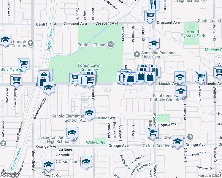 map of restaurants, bars, coffee shops, grocery stores, and more near 9040 Kalani Street in Cypress