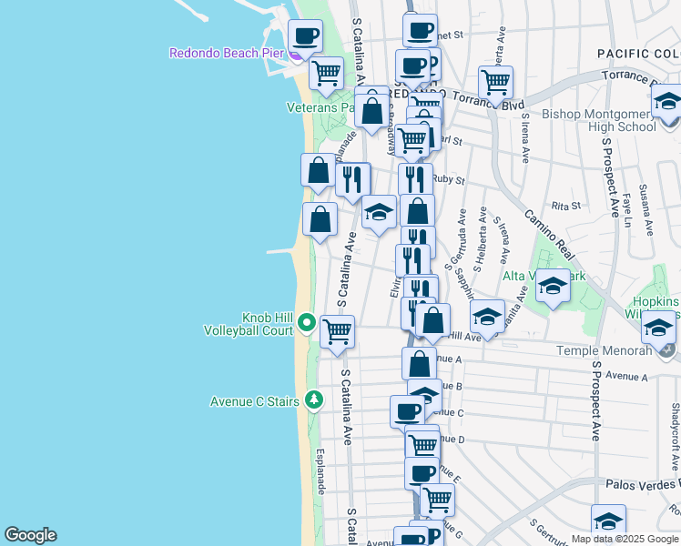 map of restaurants, bars, coffee shops, grocery stores, and more near in Redondo Beach