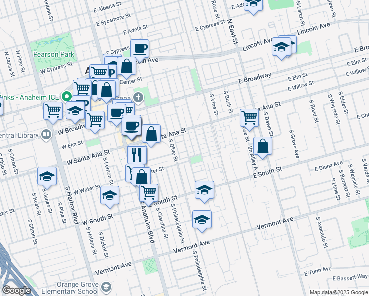 map of restaurants, bars, coffee shops, grocery stores, and more near 537 South Melrose Street in Anaheim