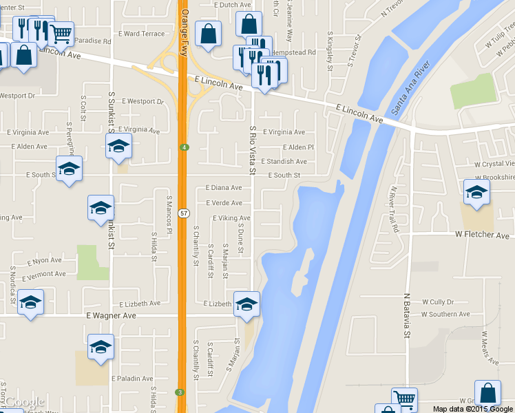 map of restaurants, bars, coffee shops, grocery stores, and more near 805 South Stehley Street in Anaheim