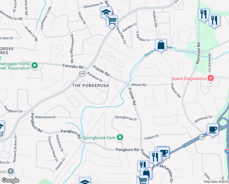 map of restaurants, bars, coffee shops, grocery stores, and more near 1677 Frazier Park Drive in Decatur