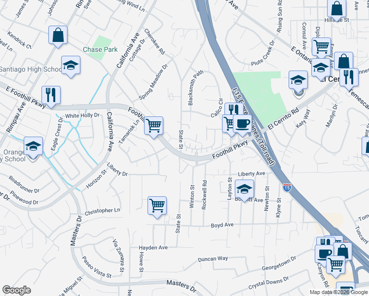 map of restaurants, bars, coffee shops, grocery stores, and more near 2999 Villa Catalonia Court in Corona