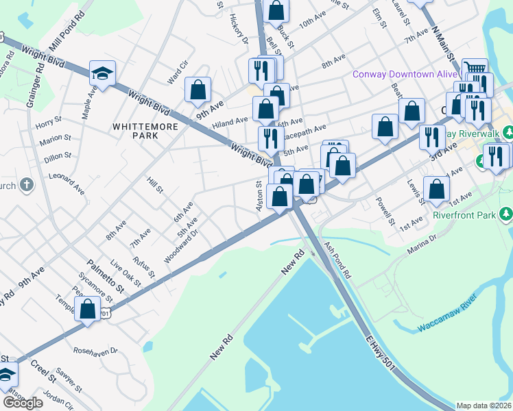 map of restaurants, bars, coffee shops, grocery stores, and more near 503 Alston Street in Conway
