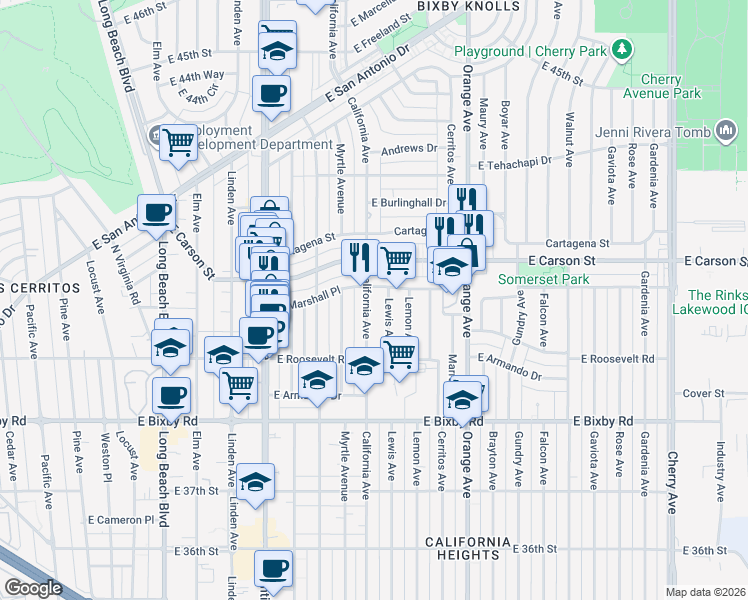 map of restaurants, bars, coffee shops, grocery stores, and more near 3948 California Avenue in Long Beach