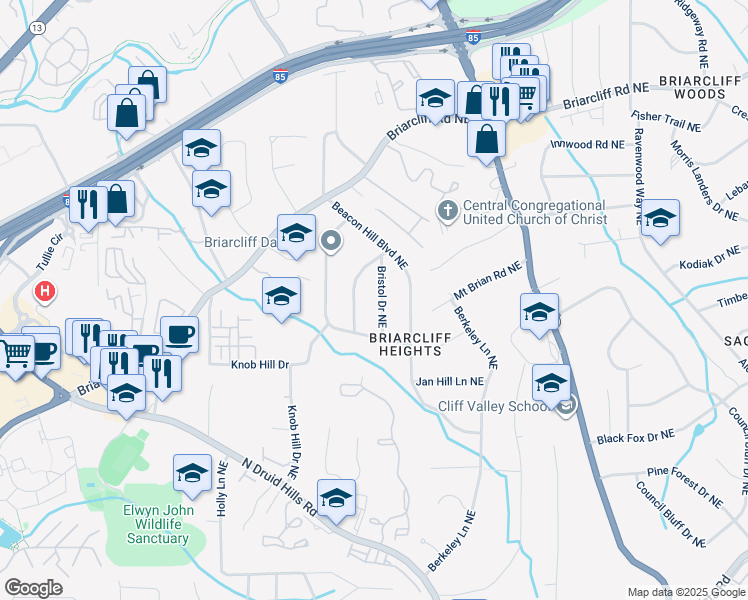 map of restaurants, bars, coffee shops, grocery stores, and more near 1686 Bristol Dr NE in Atlanta