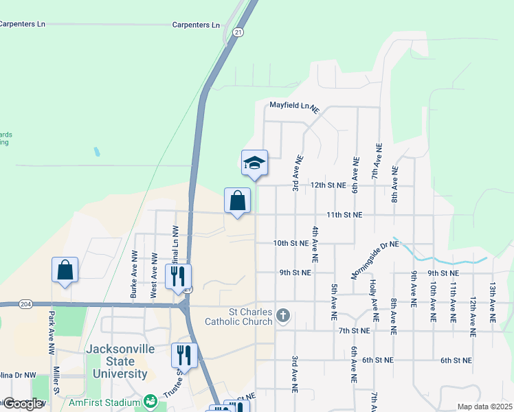 map of restaurants, bars, coffee shops, grocery stores, and more near 1104 Church Avenue Northeast in Jacksonville