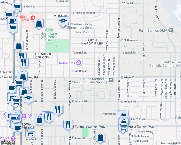 map of restaurants, bars, coffee shops, grocery stores, and more near 1151 East Vía Colusa in Palm Springs
