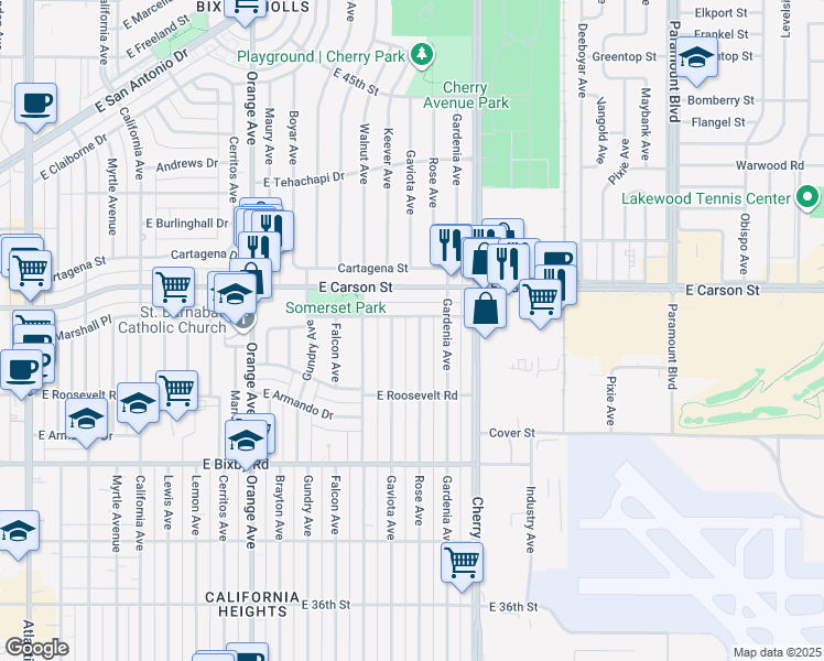 map of restaurants, bars, coffee shops, grocery stores, and more near 3973 Rose Avenue in Long Beach