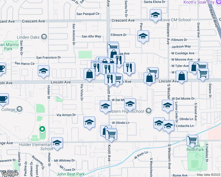 map of restaurants, bars, coffee shops, grocery stores, and more near 3436 West Lincoln Avenue in Buena Park