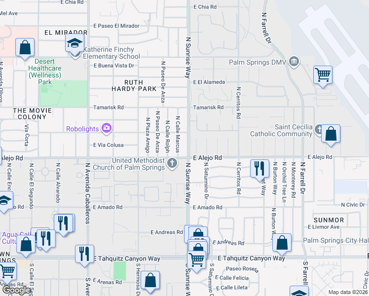 map of restaurants, bars, coffee shops, grocery stores, and more near 530 North Cll Marcus in Palm Springs