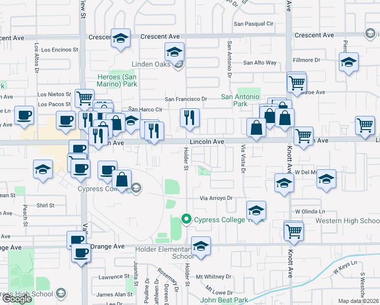 map of restaurants, bars, coffee shops, grocery stores, and more near 9009 Princeton Way in Buena Park
