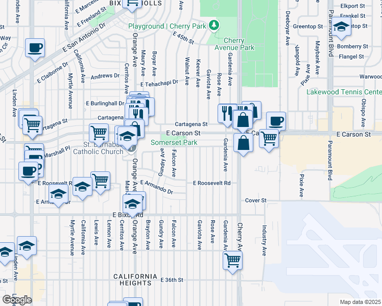 map of restaurants, bars, coffee shops, grocery stores, and more near 3974 Walnut Avenue in Long Beach