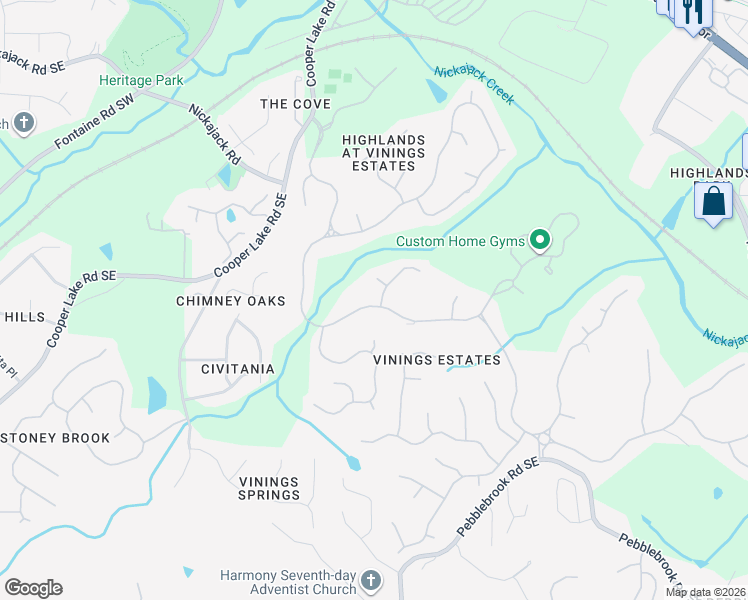 map of restaurants, bars, coffee shops, grocery stores, and more near 5076 Vinings Estates Ct SE in Mableton