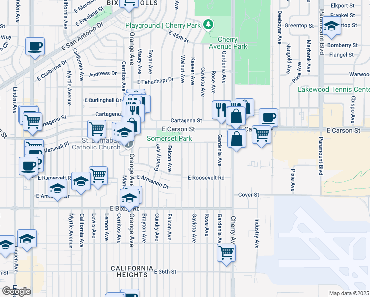 map of restaurants, bars, coffee shops, grocery stores, and more near 3974 Walnut Avenue in Long Beach
