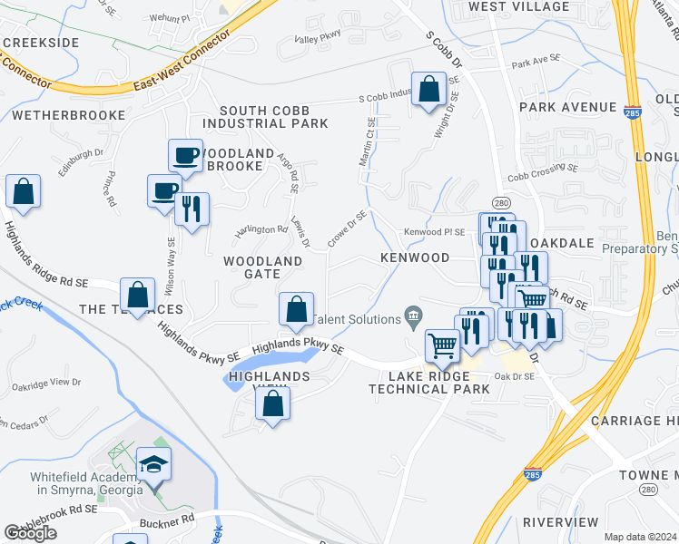 map of restaurants, bars, coffee shops, grocery stores, and more near 5010 Heather Road Southeast in Smyrna