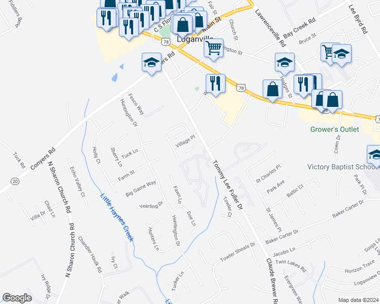 map of restaurants, bars, coffee shops, grocery stores, and more near 974 Village View Circle in Loganville