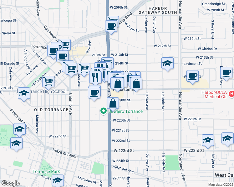 map of restaurants, bars, coffee shops, grocery stores, and more near 1644 West Carson Street in Torrance