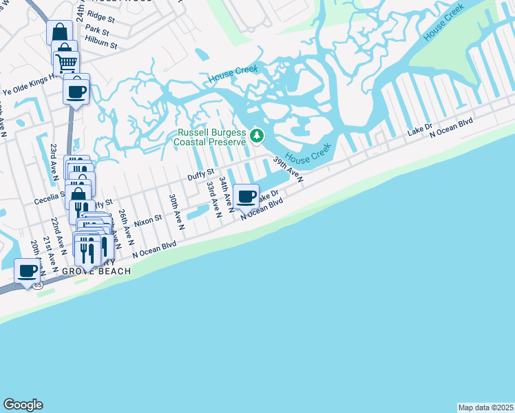 map of restaurants, bars, coffee shops, grocery stores, and more near 3501 North Ocean Boulevard in North Myrtle Beach