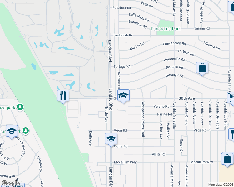 map of restaurants, bars, coffee shops, grocery stores, and more near 29845 Avenida La Paz in Cathedral City