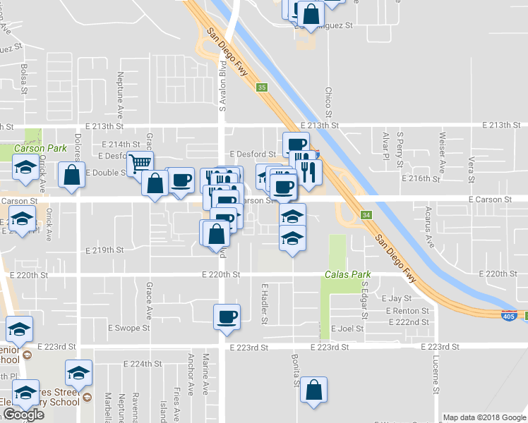 map of restaurants, bars, coffee shops, grocery stores, and more near 810 E Carson St in Carson