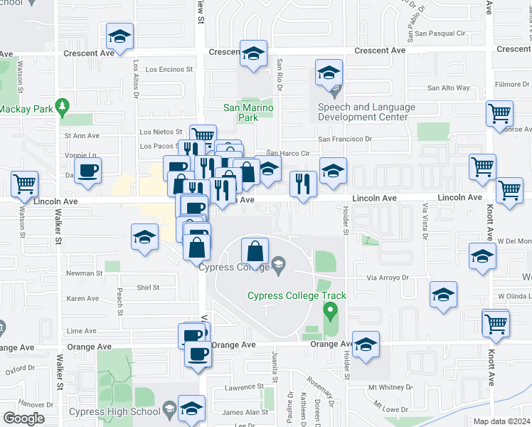 map of restaurants, bars, coffee shops, grocery stores, and more near 6212 Jasmine Way in Cypress