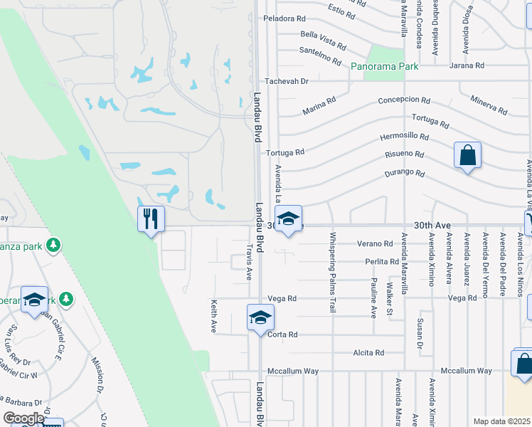 map of restaurants, bars, coffee shops, grocery stores, and more near 29840 Landau Boulevard in Cathedral City