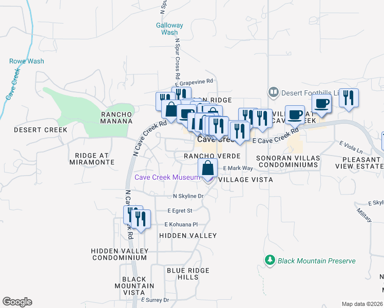 map of restaurants, bars, coffee shops, grocery stores, and more near 6051 East Hidden Valley Drive in Cave Creek