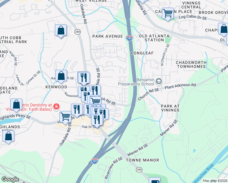 map of restaurants, bars, coffee shops, grocery stores, and more near 5020 Groover Drive in Smyrna