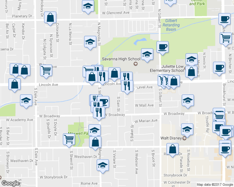 map of restaurants, bars, coffee shops, grocery stores, and more near 129 South Gain Street in Anaheim