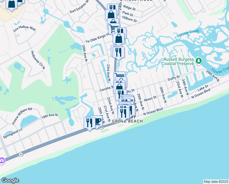 map of restaurants, bars, coffee shops, grocery stores, and more near 404 23rd Avenue North in North Myrtle Beach