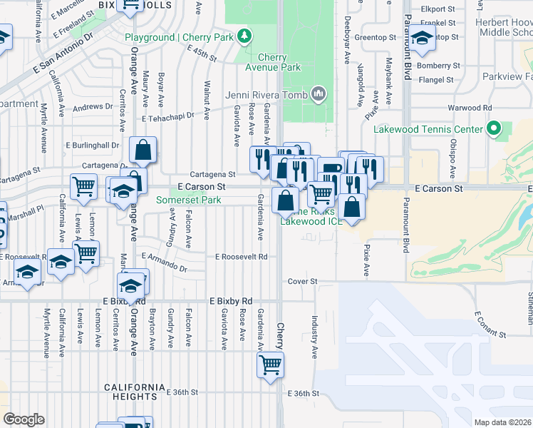 map of restaurants, bars, coffee shops, grocery stores, and more near 3972 Gardenia Avenue in Long Beach