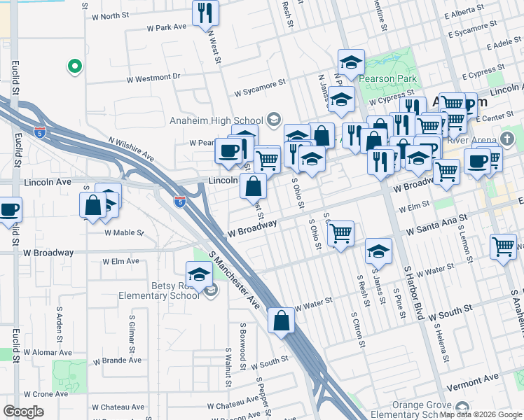 map of restaurants, bars, coffee shops, grocery stores, and more near 206 South West Street in Anaheim