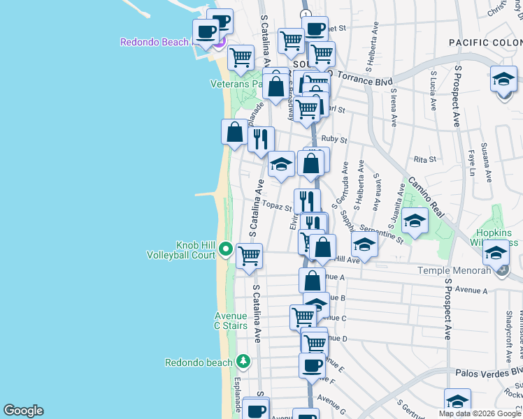 map of restaurants, bars, coffee shops, grocery stores, and more near 702 South Catalina Avenue in Redondo Beach