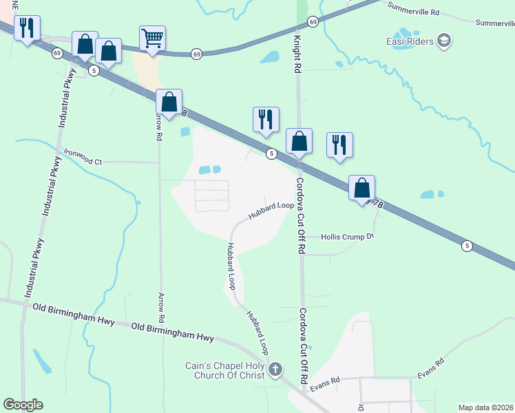 map of restaurants, bars, coffee shops, grocery stores, and more near 170-628 Hubbard Loop in Jasper
