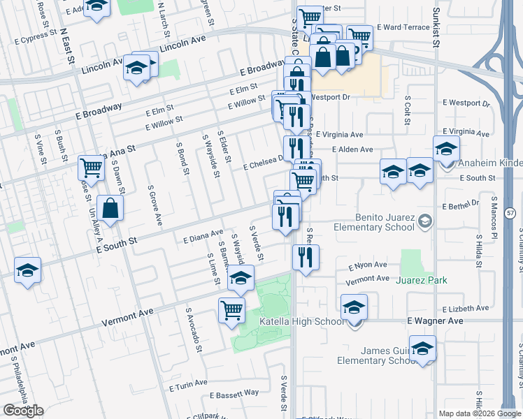 map of restaurants, bars, coffee shops, grocery stores, and more near 1804 East South Street in Anaheim