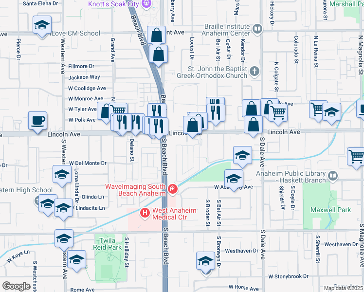 map of restaurants, bars, coffee shops, grocery stores, and more near 107 South Laxore Street in Anaheim