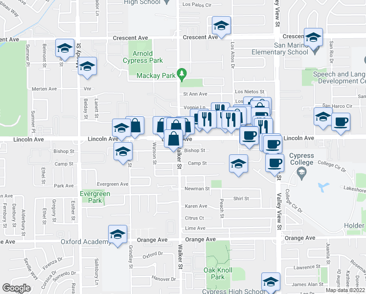 map of restaurants, bars, coffee shops, grocery stores, and more near 9052 Walker Street in Cypress
