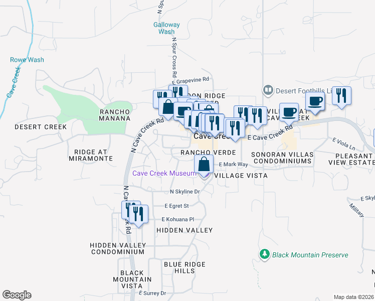 map of restaurants, bars, coffee shops, grocery stores, and more near 6051 East Hidden Valley Drive in Cave Creek