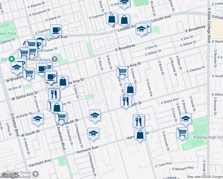 map of restaurants, bars, coffee shops, grocery stores, and more near 658 S Motif Street in Anaheim