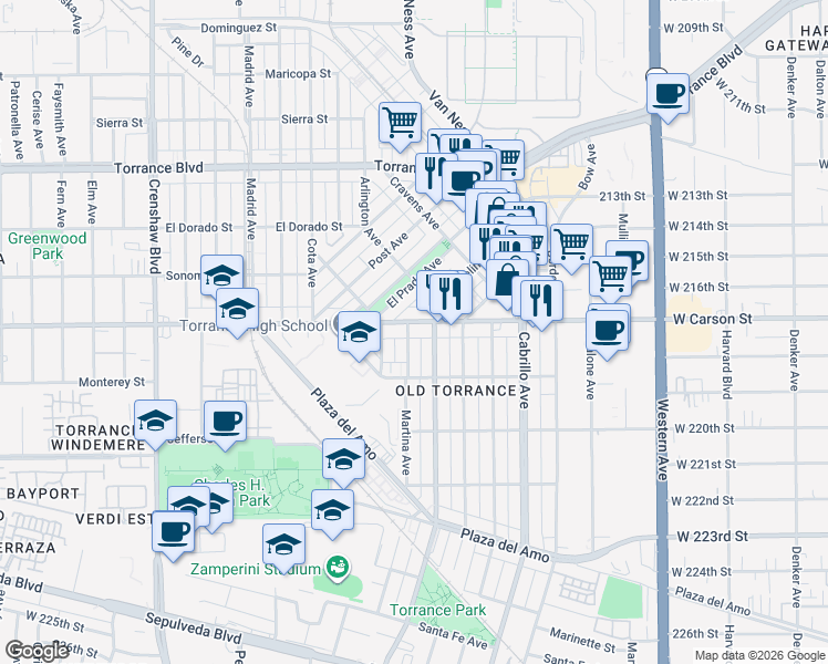 map of restaurants, bars, coffee shops, grocery stores, and more near 1712 Martina Avenue in Torrance