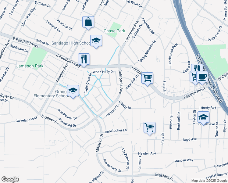 map of restaurants, bars, coffee shops, grocery stores, and more near 3308 Willow Park Circle in Corona
