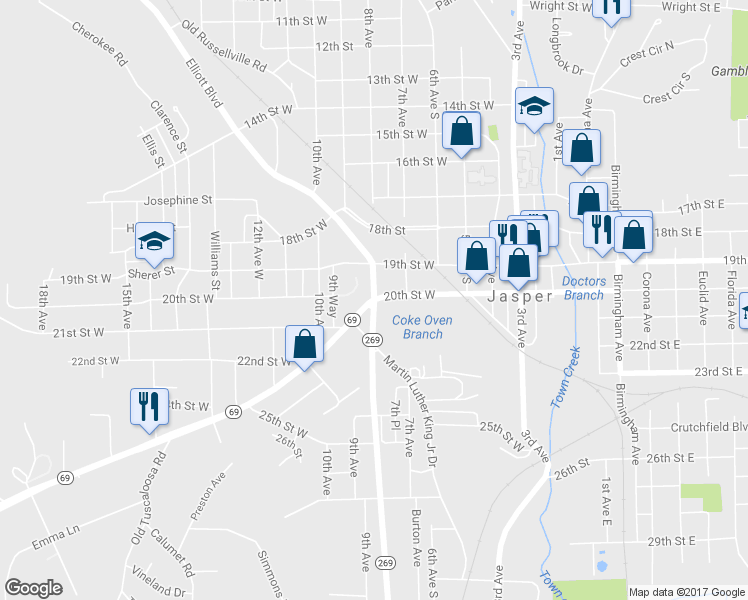 map of restaurants, bars, coffee shops, grocery stores, and more near Alabama 69 in Jasper