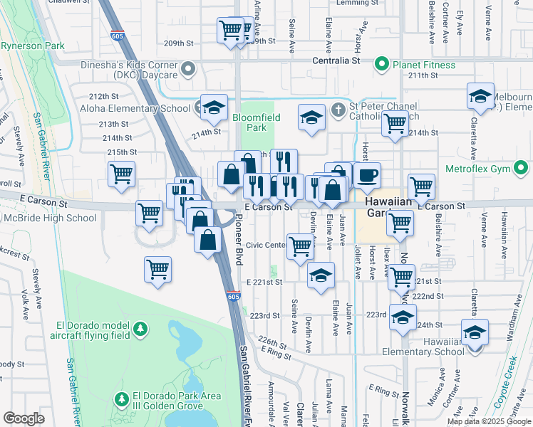map of restaurants, bars, coffee shops, grocery stores, and more near 11840 East Carson Street in Hawaiian Gardens