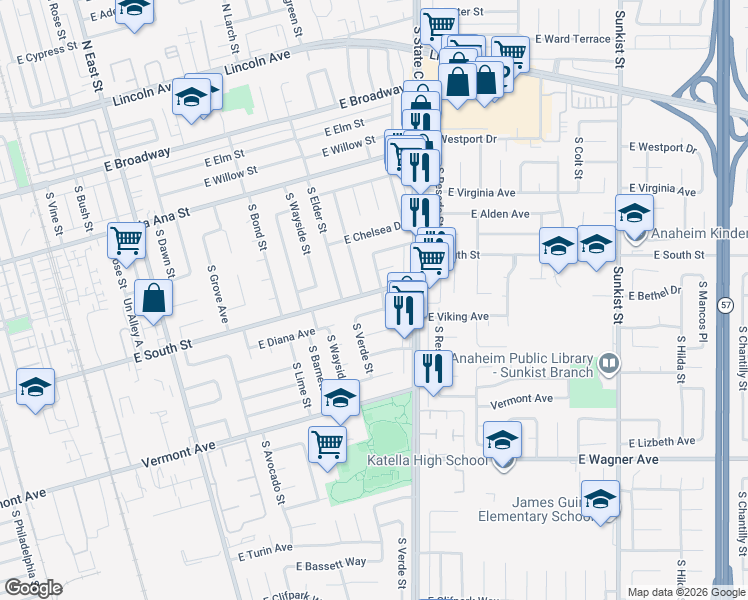 map of restaurants, bars, coffee shops, grocery stores, and more near 1810 East South Street in Anaheim