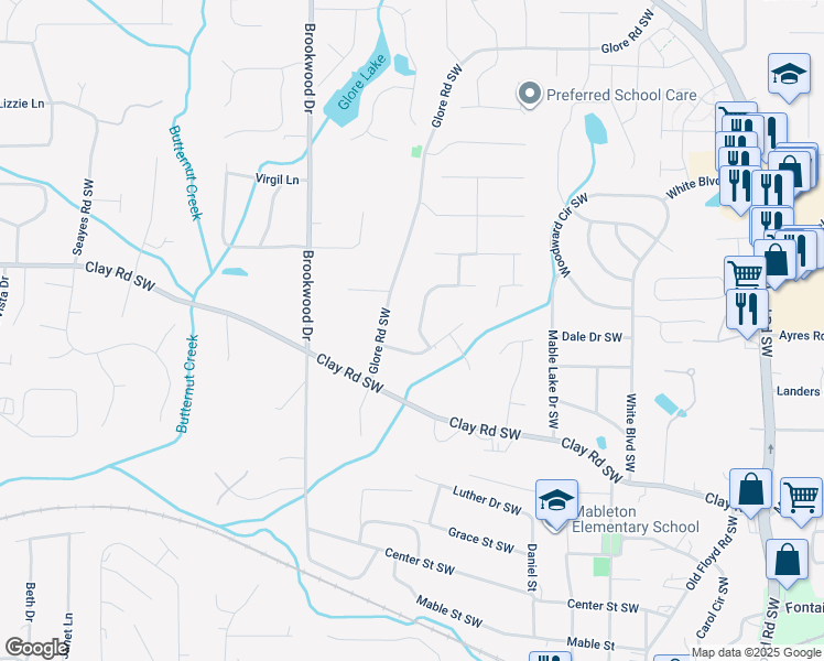 map of restaurants, bars, coffee shops, grocery stores, and more near 5215 Concord Ridge Drive Southwest in Mableton