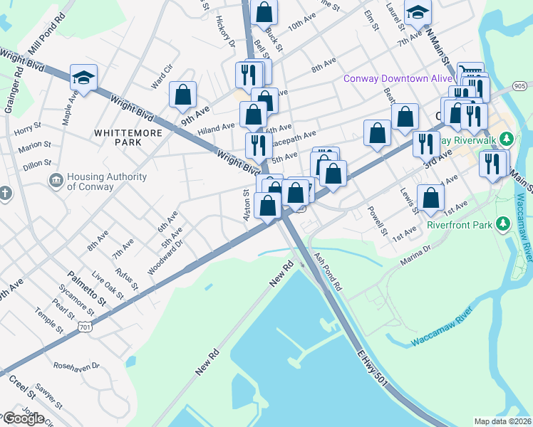 map of restaurants, bars, coffee shops, grocery stores, and more near 403 Church St in Conway