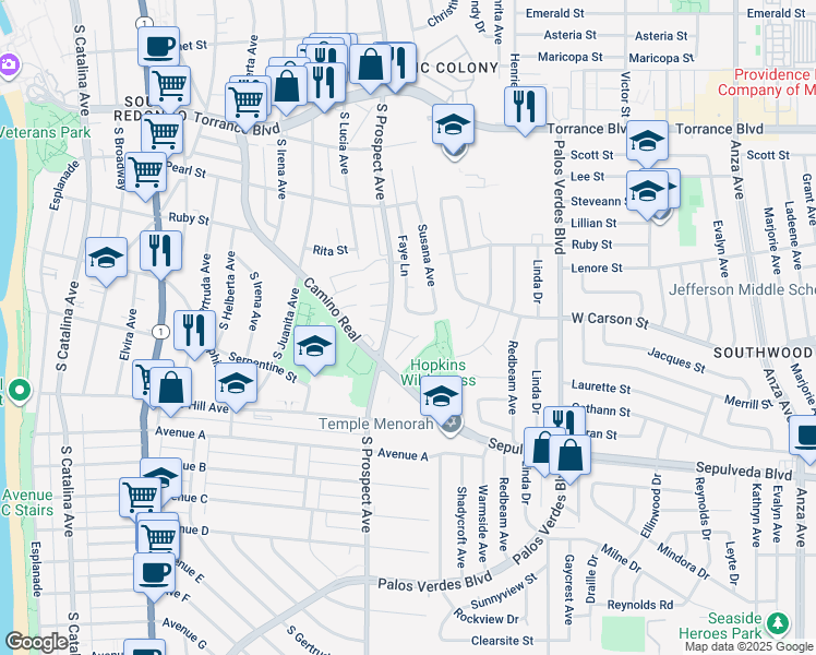 map of restaurants, bars, coffee shops, grocery stores, and more near 1107 Barbara Street in Redondo Beach